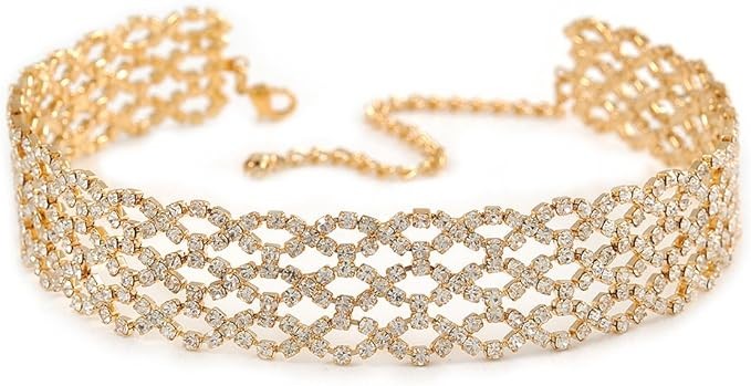 Avalaya 3 rows clear crystal choker, gold metal - 29 cm long /11 cm long, uniform size, crystal crystal gold plated, no gemstones