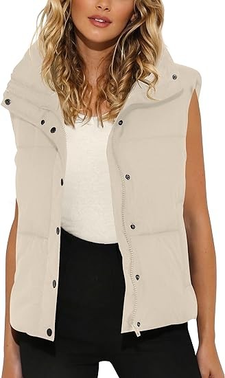 MIROL Women's Sleeveless Cropped Puffer Vest Zip Up Stand Collar Button Down Winter Crop Jackets Outwear Vest with Pockets