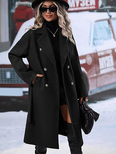 utcoco Womens Long Wool Pea Coat Notched Lapel Double Breasted Trench Coat Winter Warm Overcoat with Belt