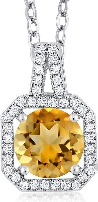 Citrine rhodium-plated brass double halo pendant Necklace 1.96 carats round with 45.72 cm chain