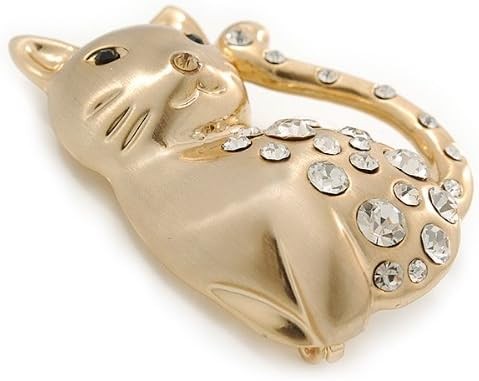 Clear Swarovski Crystal "Cat" brooch brushed gold finish - 45mm long