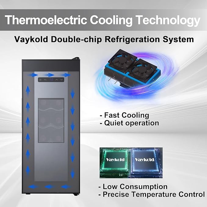 Vaykold 12 Bottle Wine Cooler, Thermoelectric Wine Fridge, Compact Wine Cooler Refrigerator with Dual Glass Window Door, Freestanding Wine refrigerator for Kitchen, Apartment, Condo, Cottage, RV, Gray