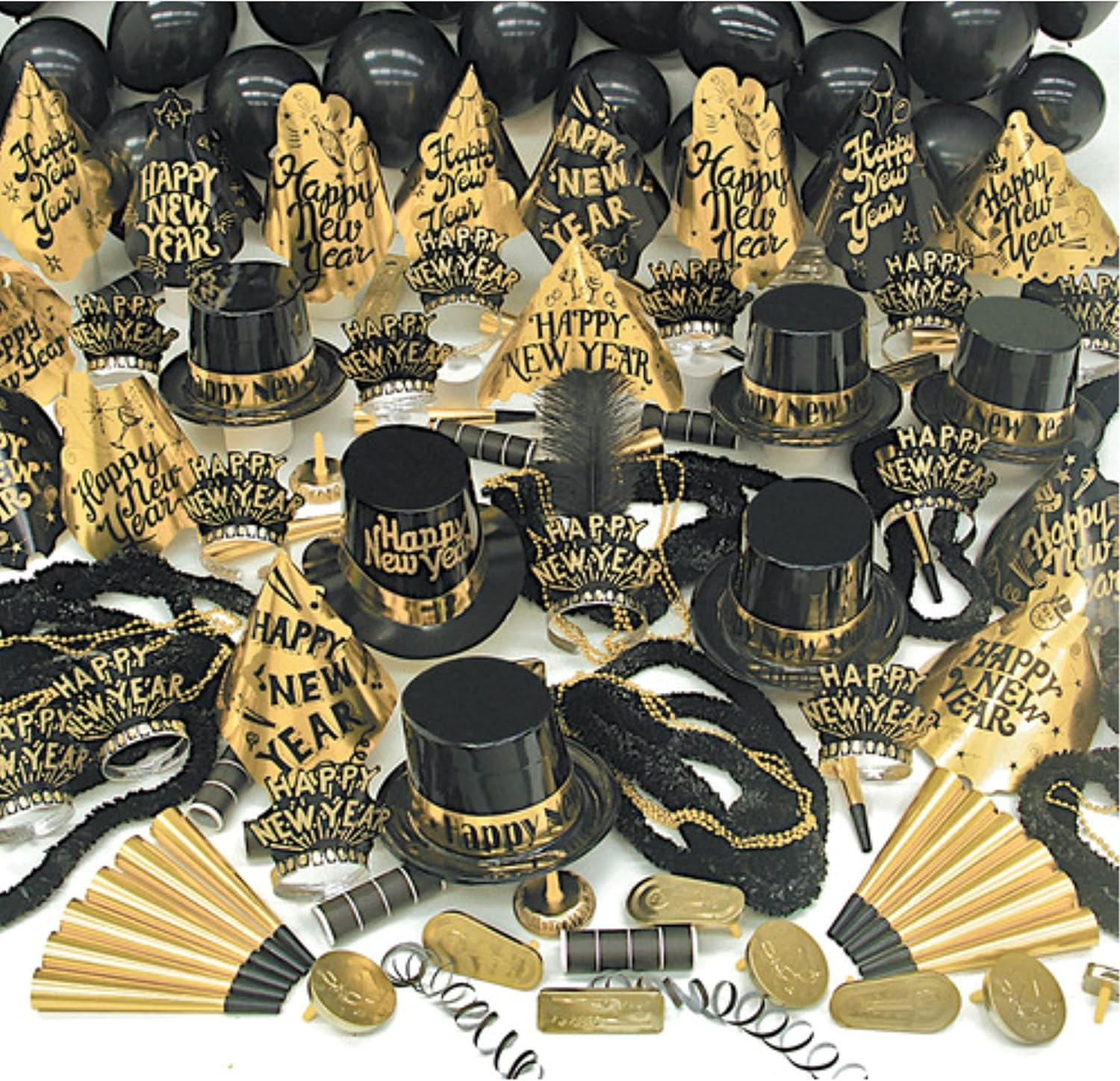 New Years Eve Party Supplies 2024 I 352 Pcs I Black And Gold Top Hats Tiaras Bead Necklace Noise Makers I 2024 New Years Decorations Happy New Year Decorations 2024 Bulk Party Favors