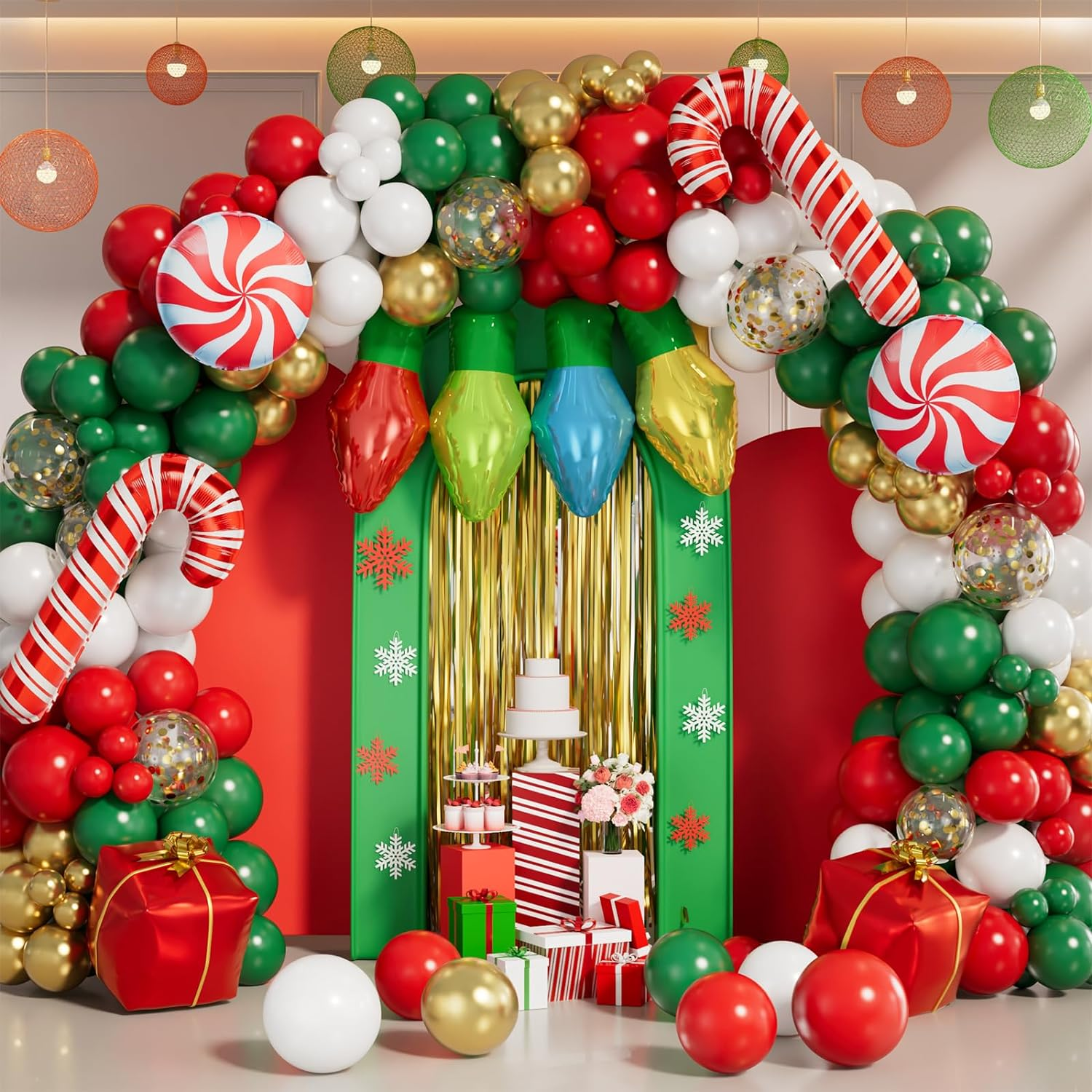 Grcypa 145Pcs Christmas Balloon Garland Arch Kit with Xmas Red White Green Gold Confetti Balloons Light Bulb Candy Cane Gift Box Foil Balloons for Christmas Party Decorations New Year Party Supplies