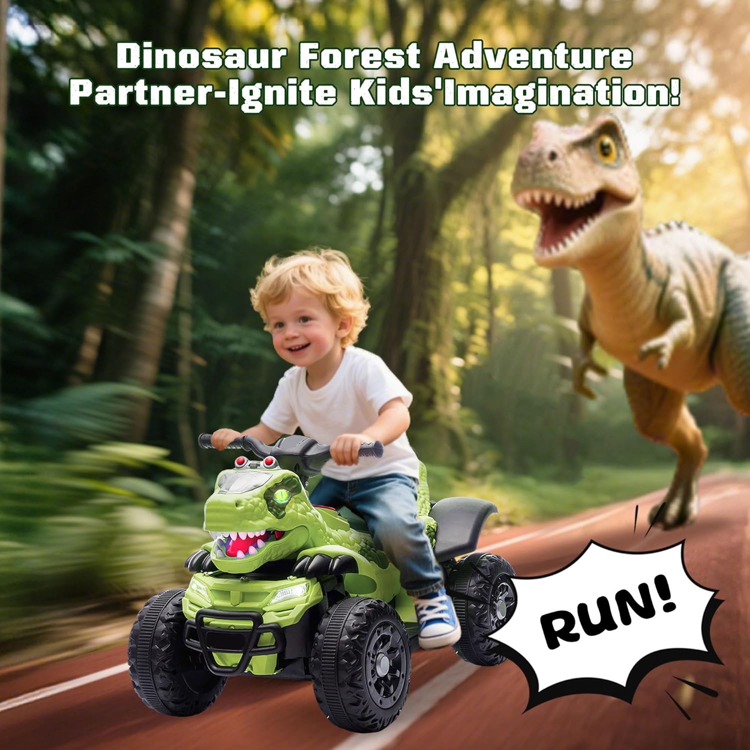 Electric Ride On Dinosaur ATV for Kids Age 3,12V Kids Electric Car with 4 Wheelers Ride On Toy with Music,Bluetooth & LED Lights,Birthday Gift for Unisex Child and Toddler