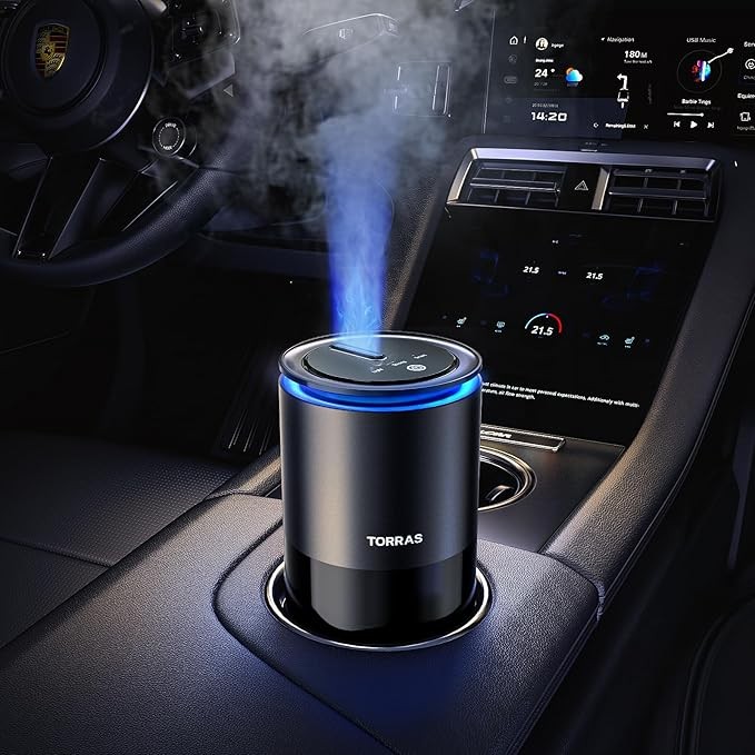 TORRAS smart car air freshener Ultrasonic spray Blue Light enhanced fountain nozzle automatic on/off, adjustable fragrance, rechargeable battery, ambient light, premium cologne fragrance