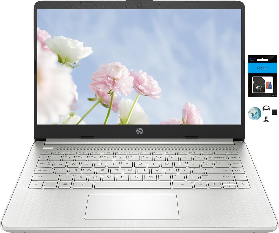 HP 14 Premium HD Portable Student Business Laptop, Quad-Core Intel Celeron Processor, 16GB RAM, 384GB Storage (128GB eMMC+256GB SD Card), 1 Year Office 365 HDMI, Win 11 w/KW Accessories