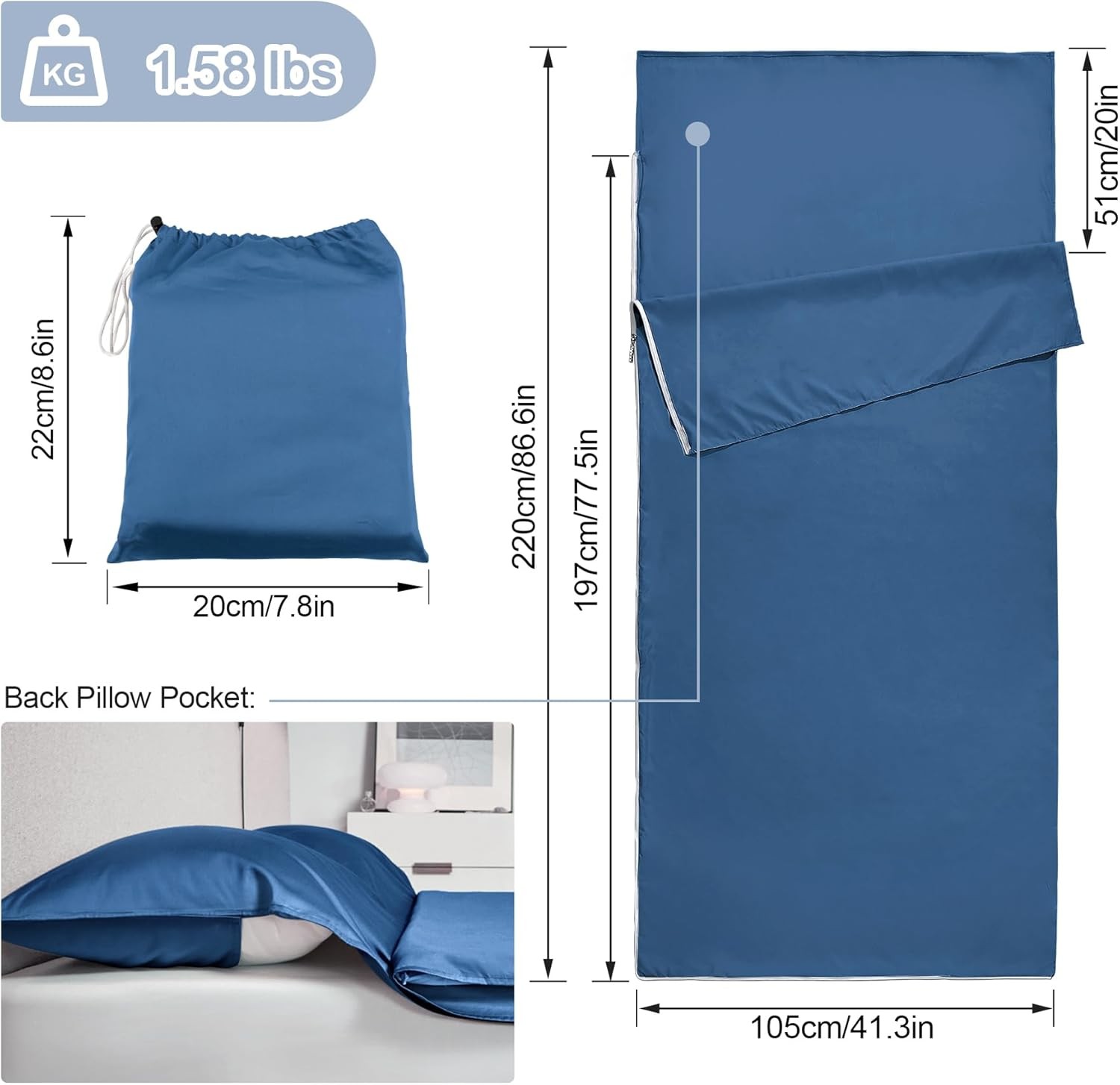 BREENHILL Sleeping Bag Liner,Long Staple Cotton, Adult Sleep Sack & Travel Sheets,Travel Sleep Sack for Backpacking, Hotels & Hostels Lightweight Travel Sheet Camping Sheets,Has Full Length Zipper